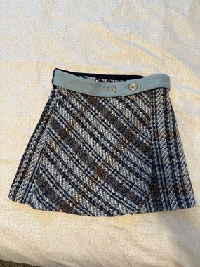 Zara Blue and Brown Plaid A-Line Mini Skirt with Light Blue Waistband